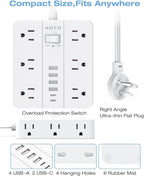 Flat Plug Power Strip, AOFO Surge Protector Flat Extension Cord with 12 AC Outlets and 6 USB(2 USB-C) Ports,Multiple Outlet Wall Plug 5FT Extension Cord for Home Office, Dorm Room Essentials