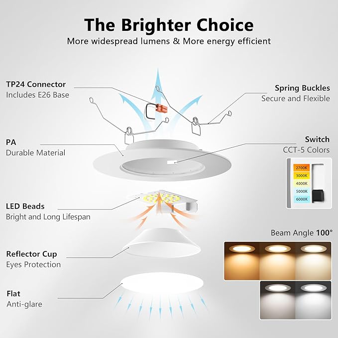 LVWIT Recessed Lighting 6 Inch, Recessed Lights Color Selectable 2700/3000/4000/5000/6000K 5CCT, 10W(120W Equivalent) Dimmable LED Can Lights with E26,LED Retrofit Recessed Light 6 Inch, 6 Pack