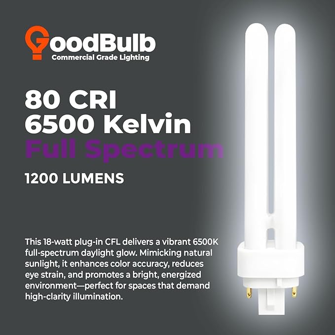 GoodBulb 18 Watt CFL Light Bulbs 4 Pin G24Q-2 Base 6500K Full Spectrum 18W High Output 1200 Lumens Double Tube Compact Fluorescent Light Bulbs Plug-in 10 Pack