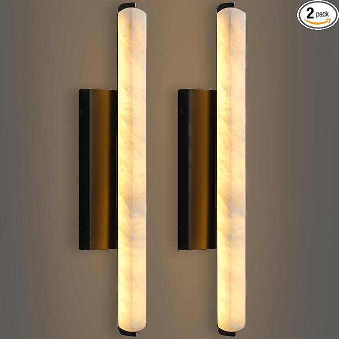Alabaster Wall Sconces Set of Two, 25in Black Alabaster Sconce, Modern Spanish Natural Marble Sconces Lights, Rectangle Sconces for Bathroom Vanity Bedroom Living Room Staircases Hallway