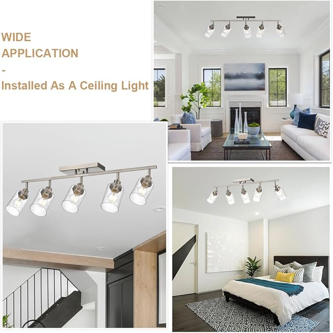 5-Light Track Lighting Kit, Bathroom Vanity Light Ceiling Spotlight in Brushed Nickel for Kitchen Shop, Seeded Glass Shades