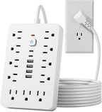 15 FT Flat Plug Surge Protector Power Strip,11 Multiple AC Outlets with 6 USB Ports (2 USB C), 15 Feet Extension Cord, 1250W/10A, One Touch Switch Button, White