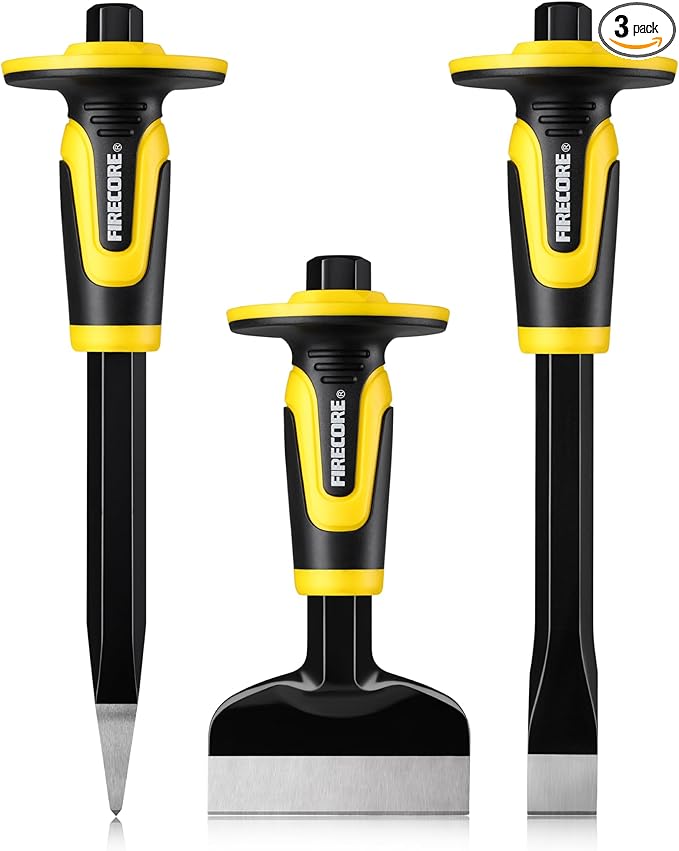 Rock Chisel Set, Firecore 3PCS Masonry Chisel with Hand Guard, Heavy Duty Point Flat Cold Chisel for Concrete Stone Brick Rock Tile Mortar Breaking Demolishing Carving Splitting Cutting Mason Tools