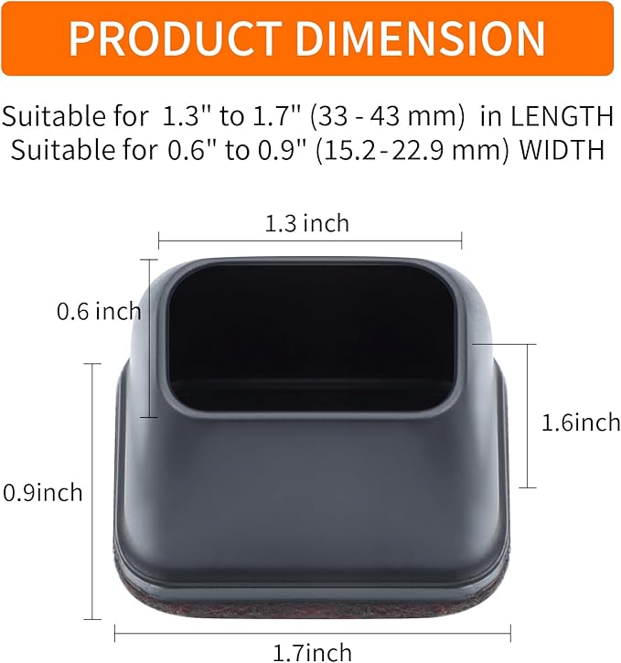 Ezprotekt 16 Pcs Rectangle Black Silicone Chair Leg Floor Protectors, Rectangle Felt Chair Leg Caps, Furniture Leg Covers Cups for Chair Table Desk, Anti- Scratches (Fit L :1.3-1.7", W: 0.6-0.9")