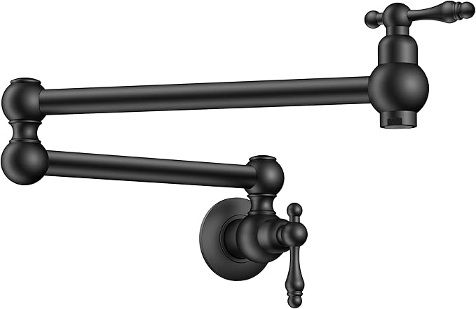 FORIOUS Pot Filler Faucet Matte Black, Folding Stretchable Solid Brass Wall Mount Commercial Traditional Faucet Over Stove with Antique Double Joint Swing Arm for Kitchen Restaurant Vintage