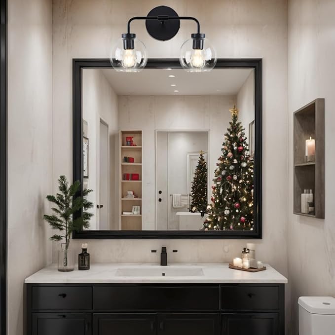 Globe Shade with Brass Accents Double Light Sconce, Chrome Bathroom Sconces, Indoor Sconce Wall Lights, 17.5" w x 10.5" d x 12.5" h (Matte-Black)