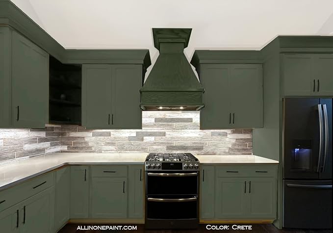 ALL-IN-ONE Paint, Durable cabinet and furniture paint. Built in primer and top coat, no sanding needed. Includes our 30 featured color card - Crete (olive green), Gallon