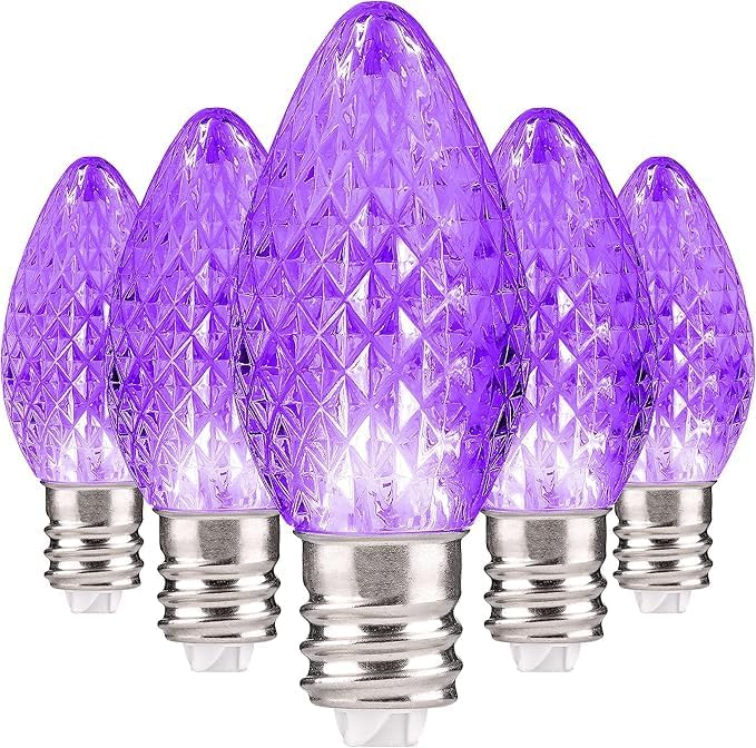 Holiday Lighting Outlet Faceted C7 Christmas Lights | Purple LED Light Bulbs Holiday Decoration | Warm Christmas Decor for Indoor & Outdoor Use | 2 SMD LEDs in Each Light Bulb | Set of 25