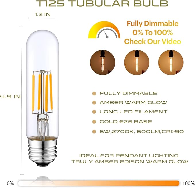 Short T10 LED Bulb, 5in Vintage Edison Dimmable Bulb 6W 2700K Warm White Tubular Bulbs, E26 Medium Base Clear 600LM 60W Equivalent for Cylinder Pendant Wall Sconces Chandelier Vanity 4Pack