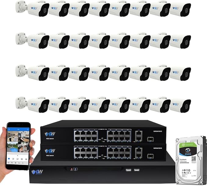 GW Security 32 Channel NVR UltraHD 4K Face Recognition NDAA & TAA Compliant Security Camera System with 32 x 8MP @25FPS Outdoor & Indoor PoE Bullet Cameras, 10 Smart AI Functions