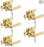 EHOMEWARE 5 Pack Entry Door Levers with Keys for Exterior Front Doors All Keyed Same, Satin Brass Finish, Keyed Alike for Bedroom Bathroom Interior Doors, Modern Gold Door Handles