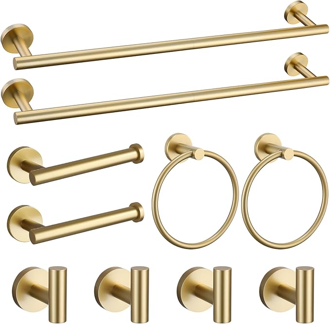Brushed Gold Towel Bar Set 10 Pieces Bathroom Hardware Accessories Set Towel Rack Set for Bathroom SUS304 Stainless Steel Toilet Paper Holder Wall Mounted, 23.6 Inch
