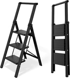 Taranta Step Ladder 3 Step Folding,Lightweight Portable Step Ladder with Anti-Split Pedal,Ladders with Convenient Handgrip,Aluminum Step Stool for Library, Home, Kitchen - Black