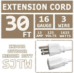 Indoor Outdoor Extension Cord 30 FT Waterproof, 16/3 Gauge Heavy Duty White Extension Cords, 13A 1625W SJTW Extension Cord with 3 Prong Grounded Plug, Great for Tools, Lights, UL Listed.