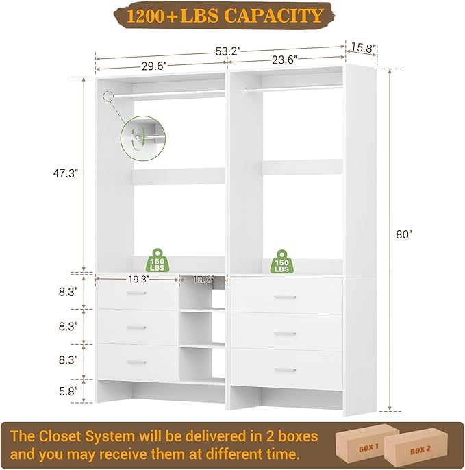 Aheaplus Closet System with 6 Drawers, 4.5ft Wood Closet Organizer System, Walk-in Closet or Small Closets Wardrobe, Clothes Rack with Hanging Rods, Set of 2, White