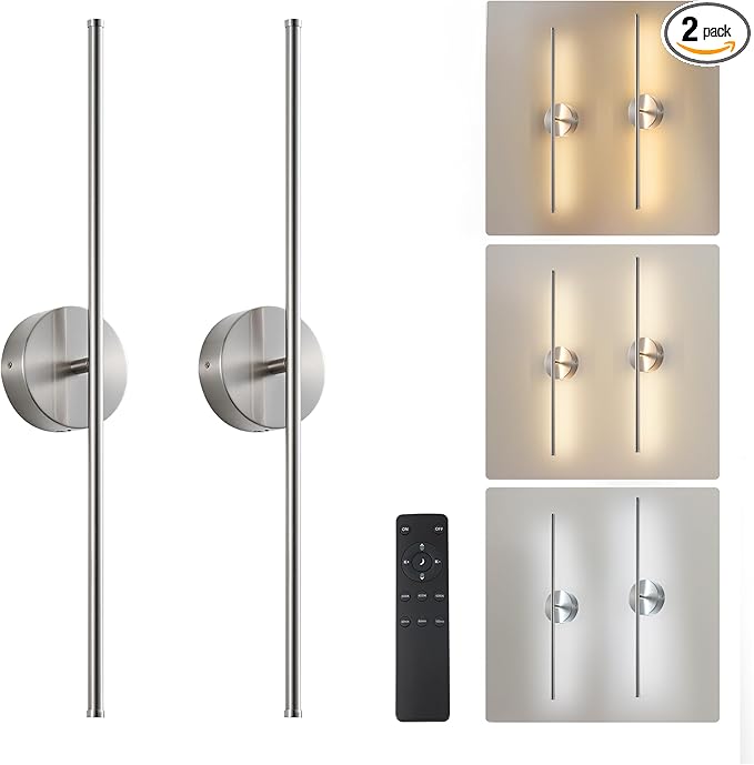 Removable Battery Operated Wall Sconces with Remote Control 350°Rotate LED Wireless Wall Lights with 3 Color Temperatures & Dimming for Bedroom, Hallway,28.3 Inch (2 Pack)