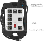 Heavy Duty Power Strip with USB, Workshop 8 Outlet Surge Protector 2700 Joules, Grey Industrial Metal 15Amp Power Strip, 10FT Extension Cord and Wide Spaced.