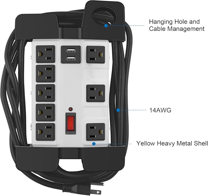 Heavy Duty Power Strip with USB, Workshop 8 Outlet Surge Protector 2700 Joules, Grey Industrial Metal 15Amp Power Strip, 12 FT Extension Cord and Wide Spaced.
