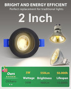 zouzai 2 Inch 5CCT Gimbal Black Led Recessed Lighting with Junction Box, 360°+90° Adjustable Led Recessed Lights, 2700K/3000K/3500K/4000K/5000K, 5W Eqv 50W, 550LM Brightness - ETL (Black, 12 Pack)
