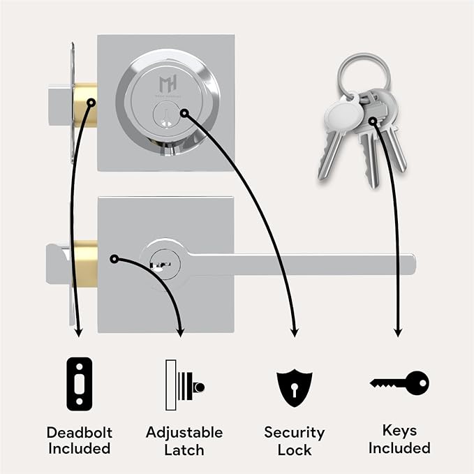 Mega Handles Prime Entrance Combo, Entry Lever Door Handle and Single Cylinder Deadbolt Lock and Key Combo, Heavy Duty Square Locking Door Levers Set for Left or Right-Handed Doors - Polished Chrome