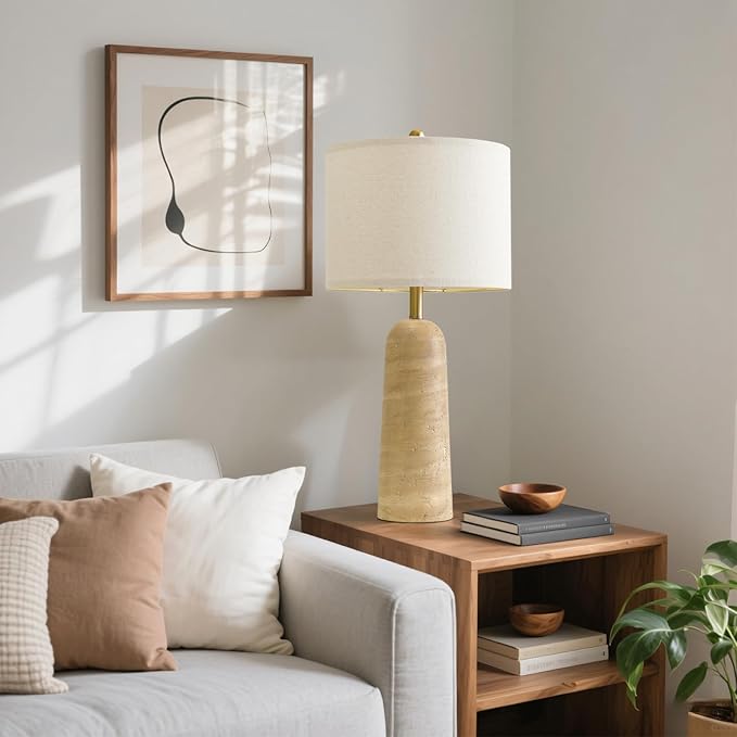 BOBOMOMO 27.25" Modern Table Lamp Set of 2, Beige Resin Lamp with Natural Stone Look, Travertine Lamps for Living Room with Linen Shades, Bedside Lamp for Bedroom, Living Room, Nightstand, Entryway