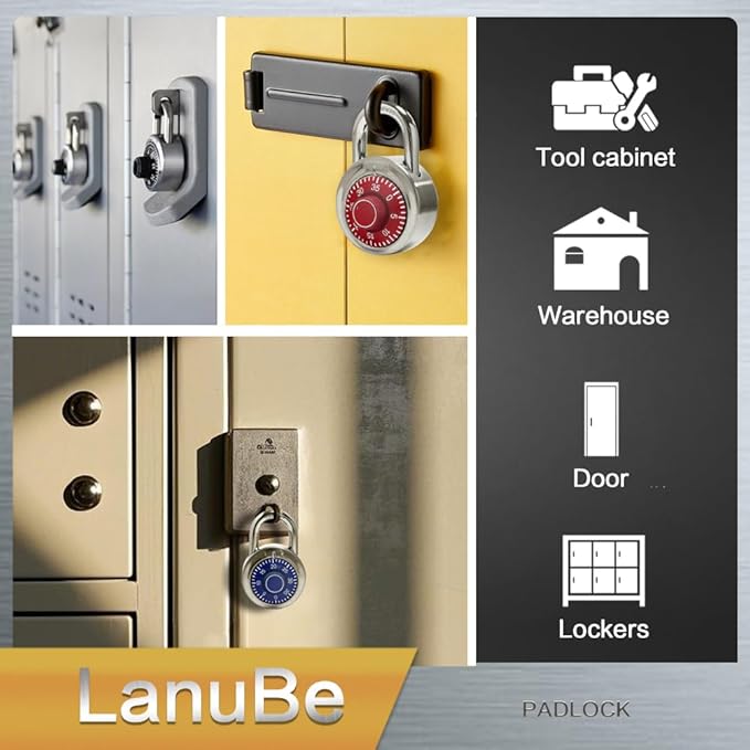 LanuBe Standard Dial Combination Lock, 2 in. Wide, with Different Combinations, Blue Turnplate, Pack of 8; Lock for School, Employee, Gym Sports Locker, Case, Toolbox, and so on