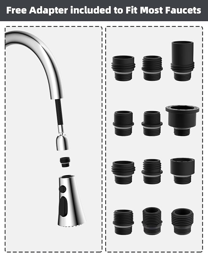 Hibbent 3-Function Pull Down Kitchen Faucet Head Replacement with 12 Adapters, NSF/ANSI/CAN 61 & CUPC Certified Sink Spray Nozzle, Compatible with Moen, Delta, Kohler Faucets, Chrome
