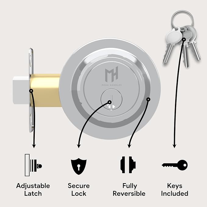 Mega Handles - Ronn Deadbolt I Entry Deadbolt Lock - Heavy Duty Round Locking Deadbolt for Left or Right-Handed Doors - Interior/Exterior - Polished Chrome