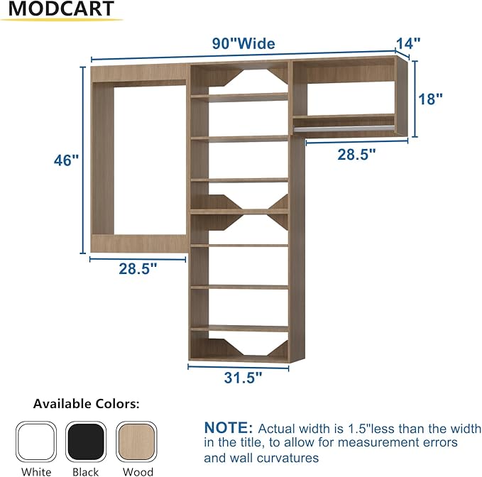 Modular Closet Organizer, 90" Wide Wardrobe Tower System with Towers and Hanging, Wall Mounted, Bedroom, Wood