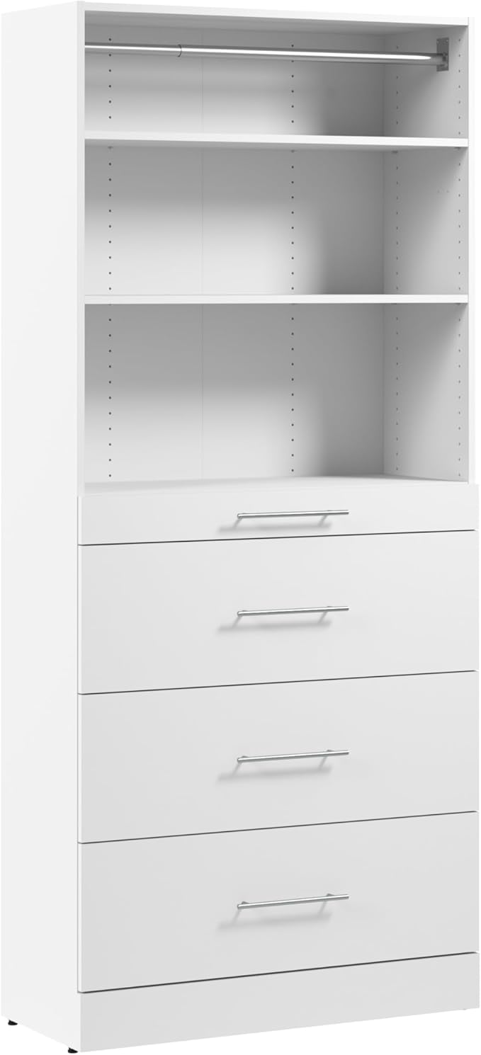 Bestar 36W x 16D Modular Closet Organizer System Tower, Reach-in Closet or Walk-in with Shelves and 4 Drawers, Slab Style, Florence Collection, White
