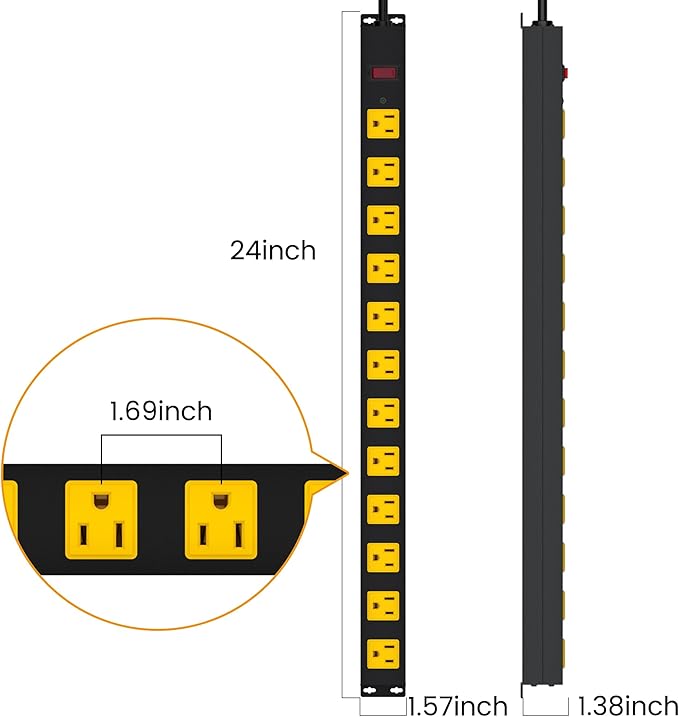 Metal 12 Outlet Mountable Power Strip, Surge Protector Heavy Duty Cord Wide Spaced and Wall Mount Metal Powerstrip for Outdoor, Desk, Garage, Industrial, Shop and Indoor (6ft)