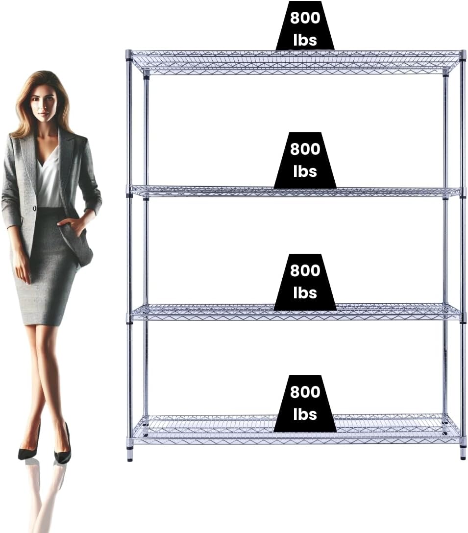 60"x18"x72" Chrome Premium Metal Steel Wire Shelving 4-Tier NSF 3200 LBS MAX Capacity Heavy Duty Storage Rack for Garages, Commercial Spaces, Hospitals, & Schools w/Premium Wheels