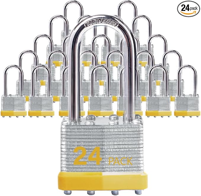 Keyed Alike Laminated Steel Padlocks with Long Shackle for Sheds, Fences & Lockers (24-Pack)