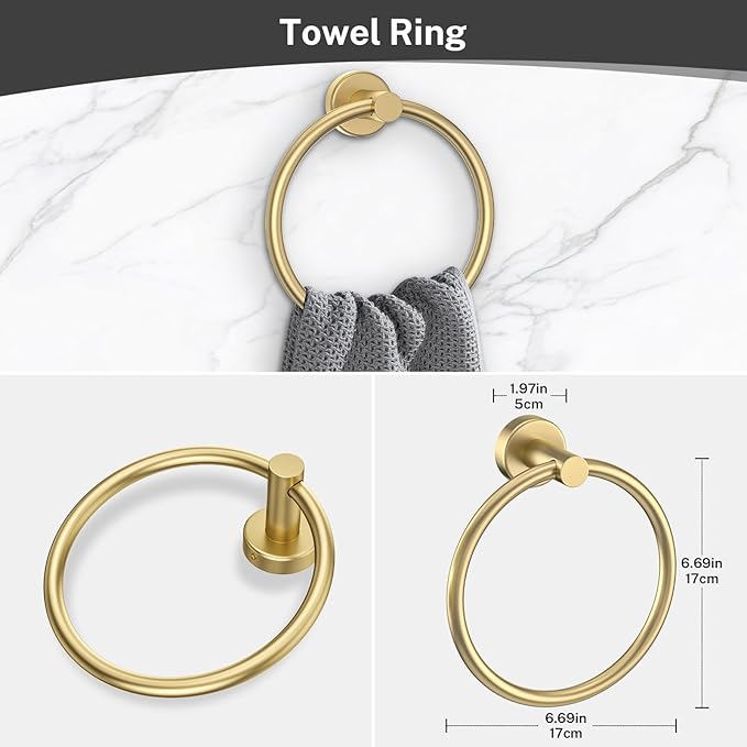 4-Piece Brushed Gold Bathroom Hardware Set,Gold Bathroom Accessories Include Towel Ring,Toilet Paper Holder & 2 Robe Hooks-Rustproof Wall Mounted Bathroom Set
