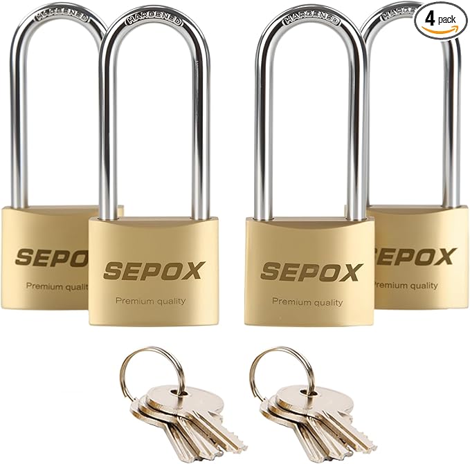 SEPOX® 4-Pcs Pack Heavy-Duty Solid Brass Padlocks 40mm 1-9/16" Width, 2-5/8" Extra Long Shackle, with Same Keys 6Pcs, Weather Proof Outdoor Lock & Key, Keyed Alike for Gates, Shed, Fence, Gym Locker