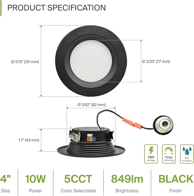 ASD 4 Inch Retrofit LED Recessed Lighting | Metal Trim Black 10W 849LM 120V 2700K-5000K Adjustable Ceiling Downlights | Triac Dimmable Wet Rated Room Can Lights, ETL Energy Star, 6 Pack
