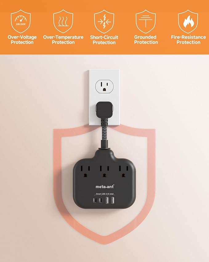 Short Extension Cord 2 inch, Short Cord Power Strip with 3 Outlets 4 USB(2 USB-C) 17W, Flat Outlet Extender, Non-Blocking, Non-Surge Protection for Cruise Travel Dorm Kitchen Bathroom, Black