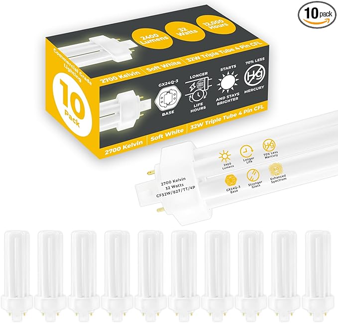GoodBulb 32 Watt CFL Light Bulbs 4 Pin GX24Q-3 Base 2700K Soft White 32W High Output 2400 Lumens Triple Tube Compact Fluorescent Light Bulbs Plug-in 10 Pack