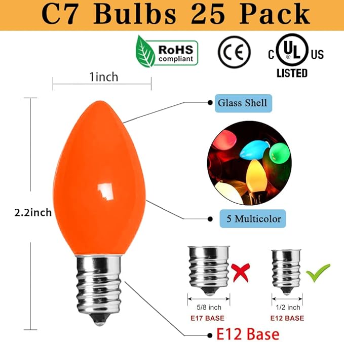 Couah Christmas Light Bulbs C7 Multi-Color Replacement Bulbs（25 Pack） C7 Ceramic Outdoor String Light Replacement Bulbs, C7/E12 Candelabra Base, 5 Watt