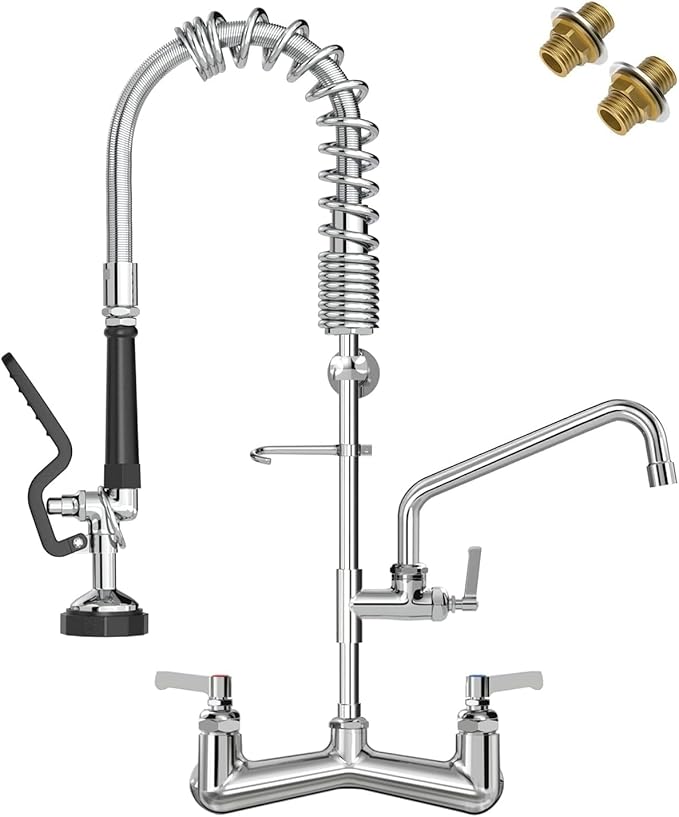 Commercial Faucet with Pre-Rinse Sprayer : 25" Height 8" Adjustable Center Wall Mount Commercial Kitchen Sink Faucet with Pull Down Spray & 10" Add-on Swing Spout for 1/2/3 Compartment Sink