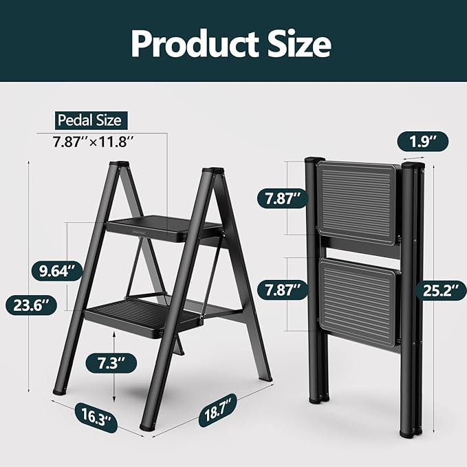 WOA WOA 2 Step Ladder, Step Stool Foldable with Wide Pedals, Portable Stepping Stool for Adults, Sturdy Steel Ladders for Home with Anti-Slip Feet, Hold 330 lbs - Black