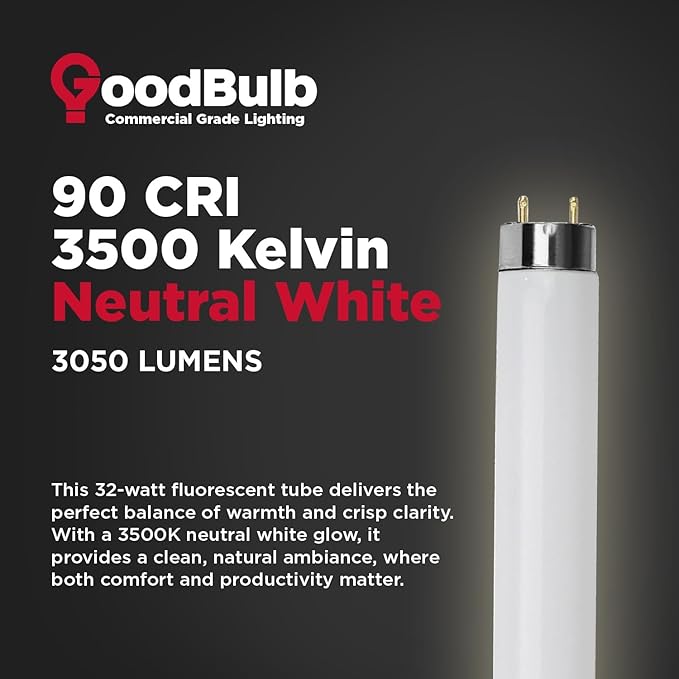 GoodBulb F32T8/835/ECO 32W 48 Inch T8 Fluorescent Light Bulb, 3500K Soft White Medium Bi-Pin Base, 3050 Lumens 86 CRI 24000 Life Hours, Instant/Programmed Start (25 Pack)