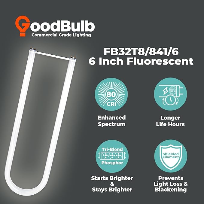 GoodBulb 32 Watt 6 Inch T8 Fluorescent U-Bend Light Bulb 4100K Cool White Medium Bi-Pin Base High Output 3050 Lumens 32W 10000 Life Hours 80 CRI (Pack of 20)