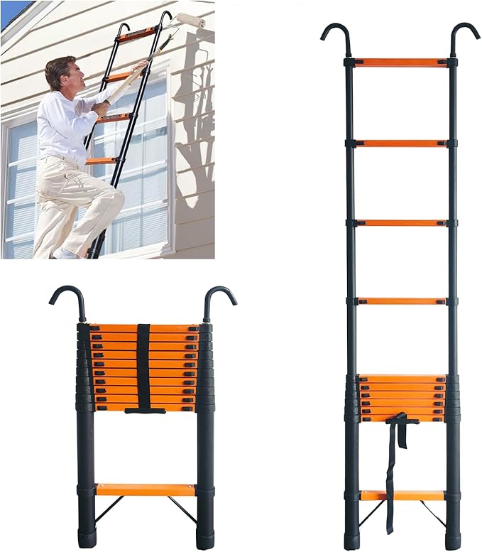 JADDUO Telescoping Ladder,12.5 FT Extension Ladder with Hook, Iron Lightweight Telescopic Ladder for Household and Outdoor Working