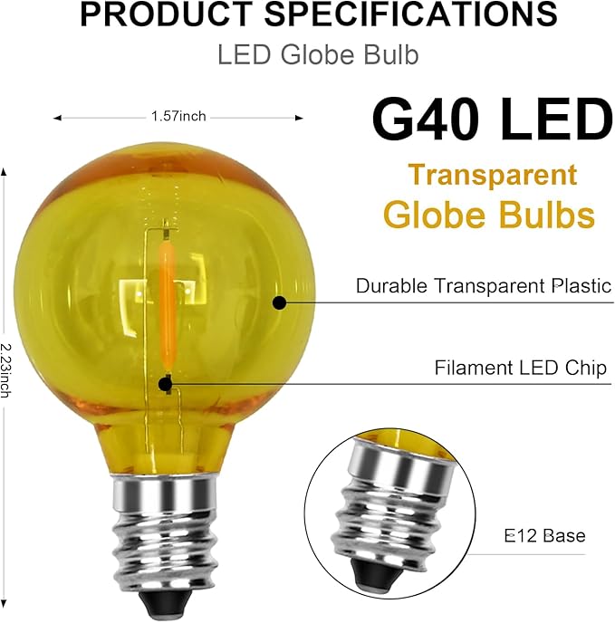 25 Pack G40 Multicolor Led Replacement Bulbs, E12/C7 Candelabra Base LED Shatterproof Globe Bulbs for Outdoor Christmas String Lights, 0.6W Energy-Saving Night Light Bulbs, 2700K Warm White