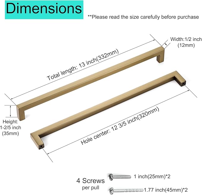 10 Pack 12.6 Inch (Center to Center 320mm) Cabinet Handles Modern Square Champagne Cabinet Pulls for Wardrobe Door Stainless Steel Kitchen Cabinet Handles Hardware