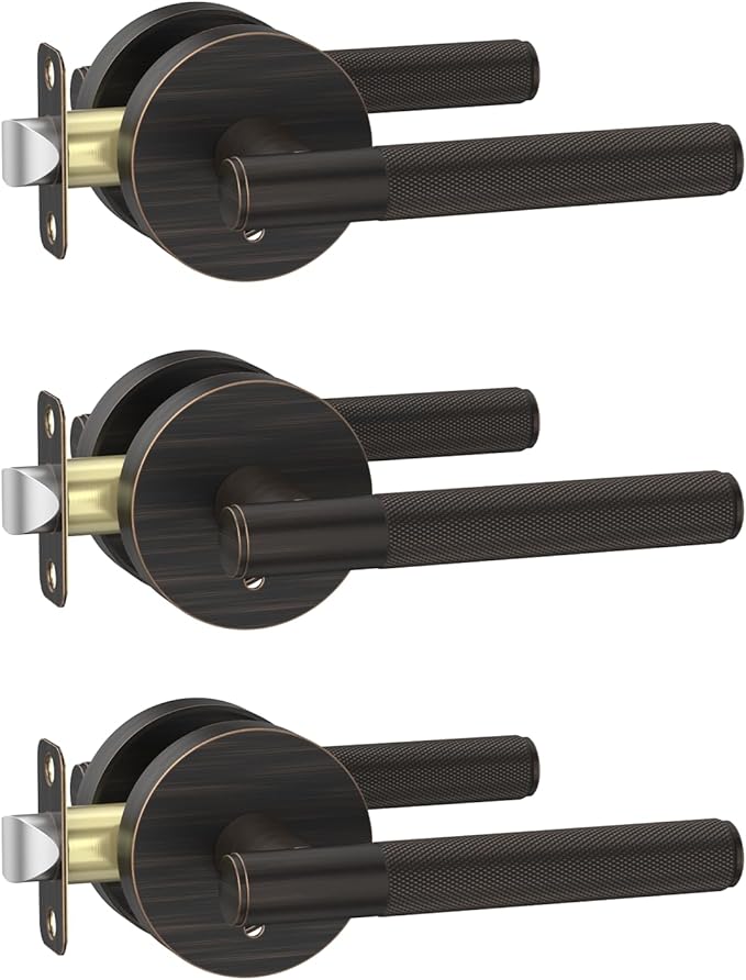 Amerdeco 3 Pack Oil Rubbed Bronze Door Handles Interior, Knurled Privacy Door Handles, Heavy Duty Door Lever for Bedroom or Bathroom, Reversible Keyless for Left Right Handed Doors AM0016