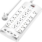 18 Outlets Surge Protector Power Strip - 6 Feet Flat Plug Heavy Duty Extension Cord with 18 Widely Outlets and 4 USB Ports, 2100 Joules, White, ETL Listed