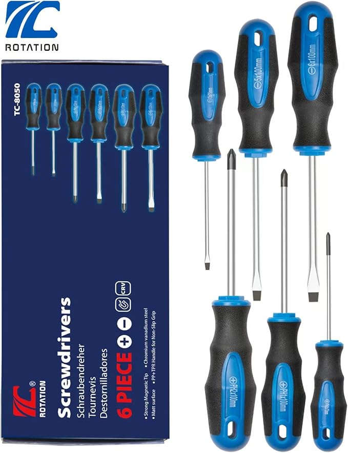 ROTATION 6PCS Magnetic Tip Screwdriver Set, 3 Phillips and 3 Flat, Professional Cushion Grip | 6-Piece Hand Tools Set