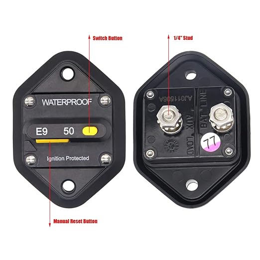 50 Amp Circuit Breaker with Manual Reset for Car Audio RV Truck Boat Marine, DC 12V - 48V | Waterproof IP67 Protection 50A Panel Mount